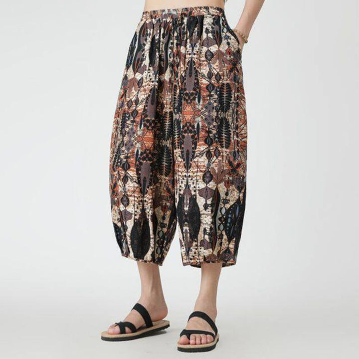 Buddha Stones Sommer Quadrat Patchwork Elefant Mandala Geometrie Baumwolle Leinen Herren 7-8 Länge Hose mit Taschen - image 16