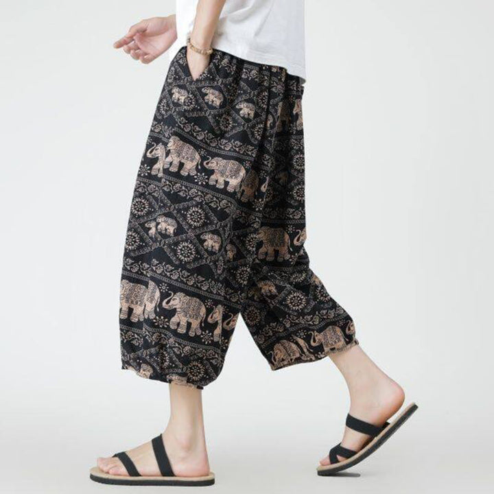 Buddha Stones Sommer Quadrat Patchwork Elefant Mandala Geometrie Baumwolle Leinen Herren 7-8 Länge Hose mit Taschen - image 24