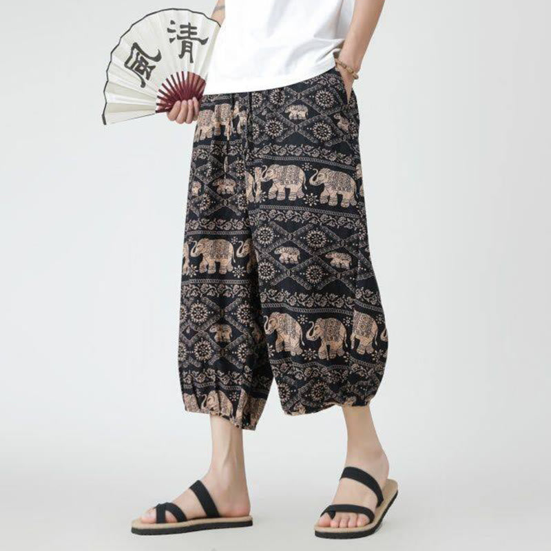 Buddha Stones Sommer Quadrat Patchwork Elefant Mandala Geometrie Baumwolle Leinen Herren 7-8 Länge Hose mit Taschen - image 29