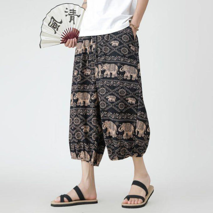 Buddha Stones Sommer Quadrat Patchwork Elefant Mandala Geometrie Baumwolle Leinen Herren 7-8 Länge Hose mit Taschen - image 29