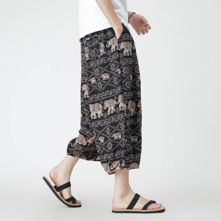 Buddha Stones Sommer Quadrat Patchwork Elefant Mandala Geometrie Baumwolle Leinen Herren 7-8 Länge Hose mit Taschen - image 22