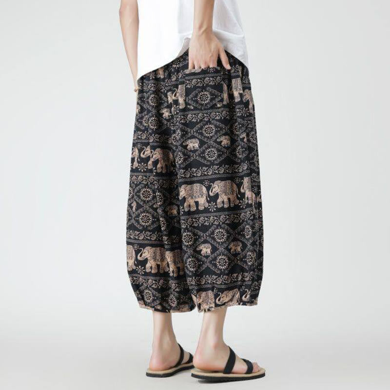 Buddha Stones Sommer Quadrat Patchwork Elefant Mandala Geometrie Baumwolle Leinen Herren 7-8 Länge Hose mit Taschen - image 24