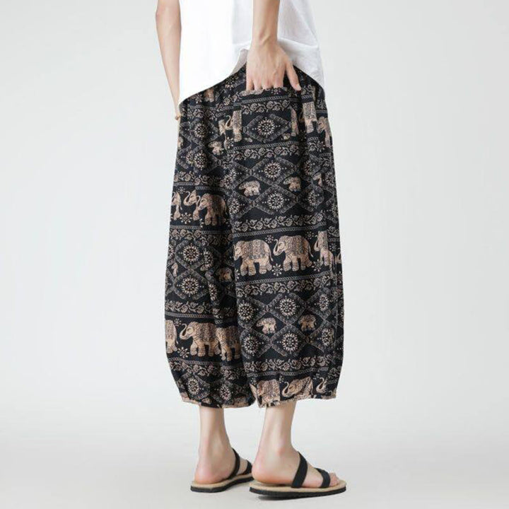 Buddha Stones Sommer Quadrat Patchwork Elefant Mandala Geometrie Baumwolle Leinen Herren 7-8 Länge Hose mit Taschen - image 24