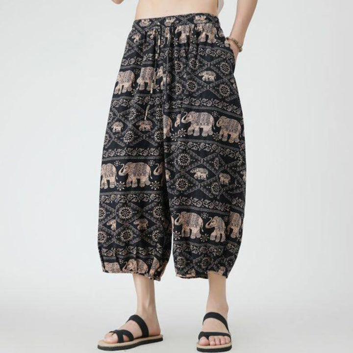 Buddha Stones Sommer Quadrat Patchwork Elefant Mandala Geometrie Baumwolle Leinen Herren 7-8 Länge Hose mit Taschen - image 30