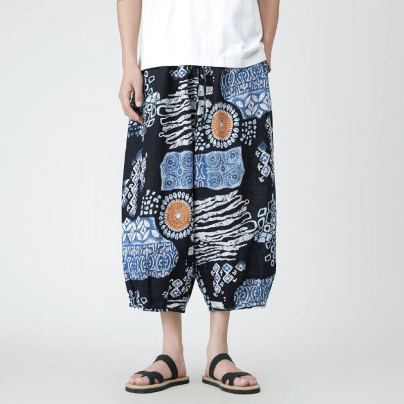 Buddha Stones Sommer Quadrat Patchwork Elefant Mandala Geometrie Baumwolle Leinen Herren 7-8 Länge Hose mit Taschen - image 32