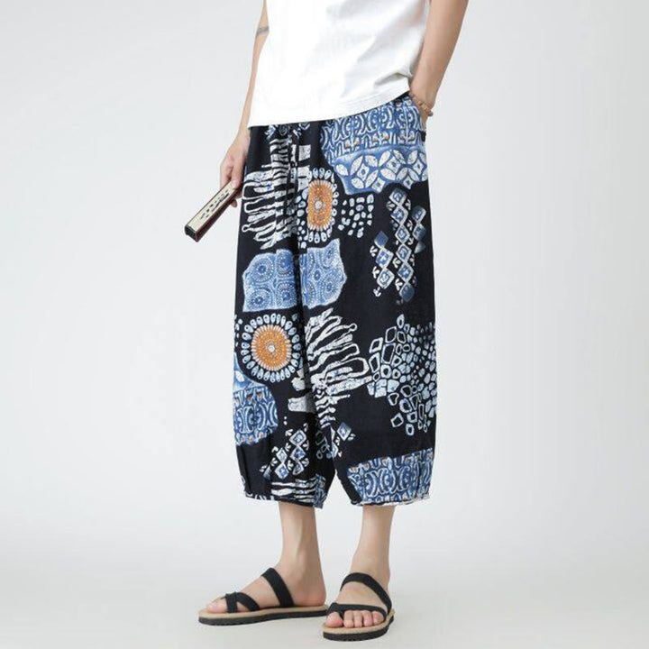 Buddha Stones Sommer Quadrat Patchwork Elefant Mandala Geometrie Baumwolle Leinen Herren 7-8 Länge Hose mit Taschen - image 36