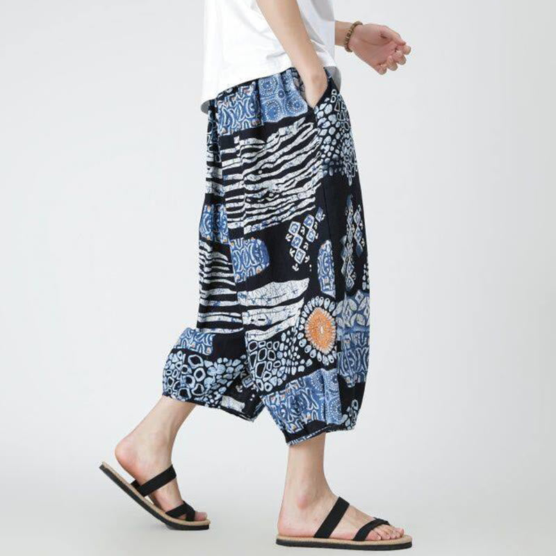 Buddha Stones Sommer Quadrat Patchwork Elefant Mandala Geometrie Baumwolle Leinen Herren 7-8 Länge Hose mit Taschen - image 33