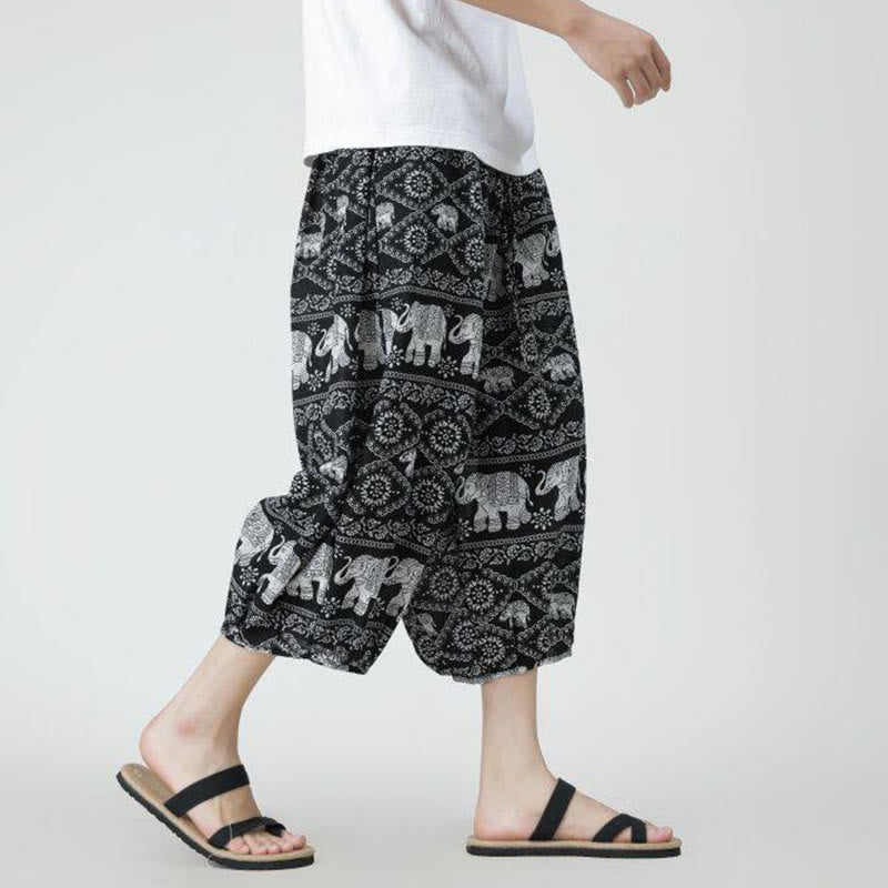 Buddha Stones Sommer Quadrat Patchwork Elefant Mandala Geometrie Baumwolle Leinen Herren 7-8 Länge Hose mit Taschen - image 43