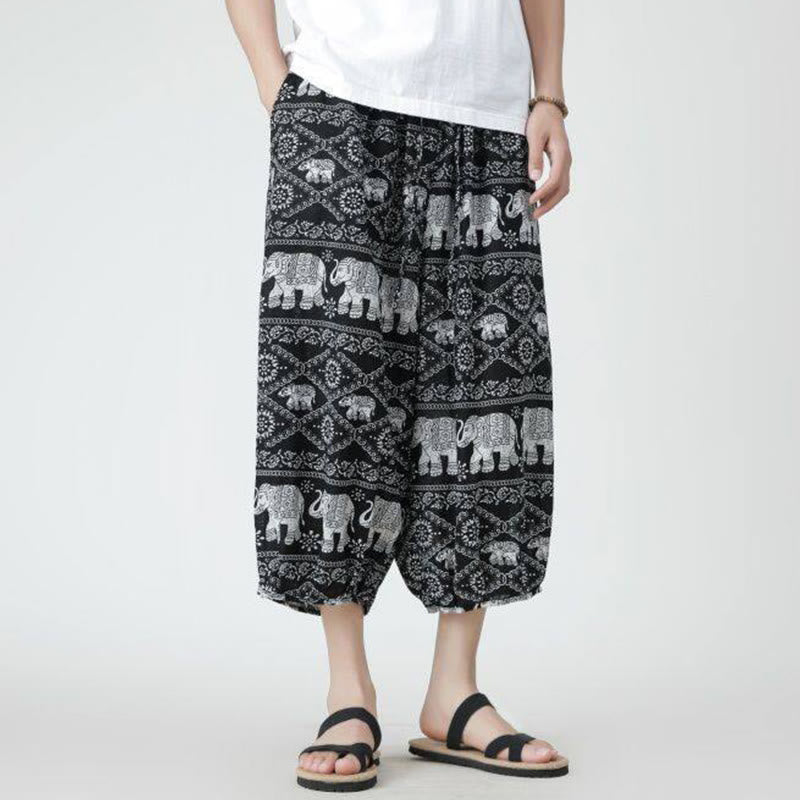 Buddha Stones Sommer Quadrat Patchwork Elefant Mandala Geometrie Baumwolle Leinen Herren 7-8 Länge Hose mit Taschen - image 47