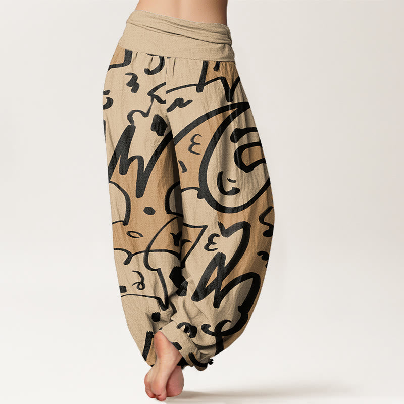 Buddha Stones Lässige, verspielte Haremshose mit Kritzellinienmuster für Damen, elastische Taille - image 2