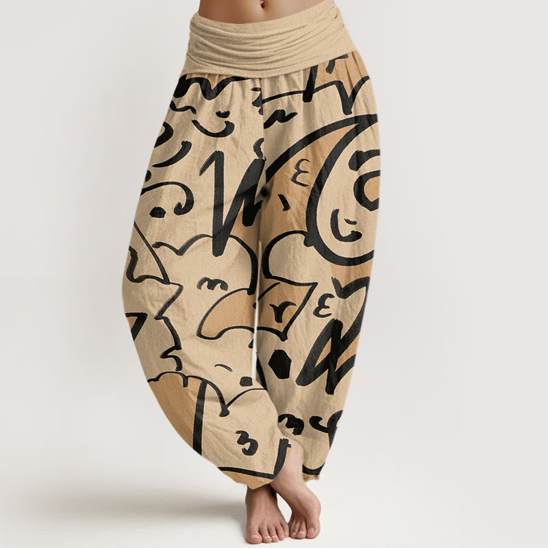 Buddha Stones Lässige, verspielte Haremshose mit Kritzellinienmuster für Damen, elastische Taille - Blasse Goldrute - US22， UK/AU26，EU54 (6XL) - image 1