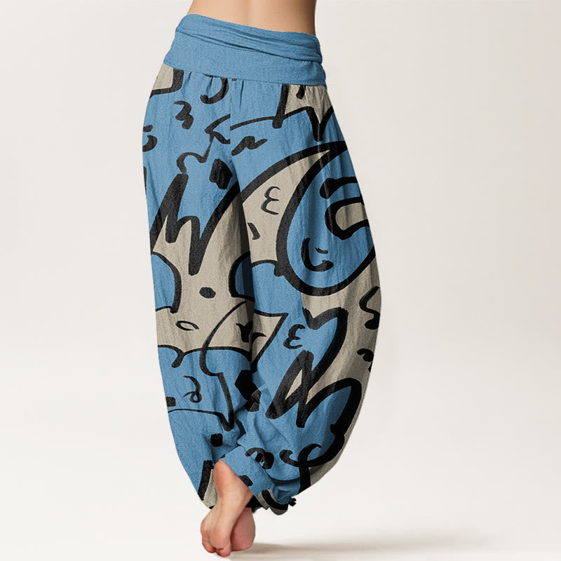 Buddha Stones Lässige, verspielte Haremshose mit Kritzellinienmuster für Damen, elastische Taille - image 6