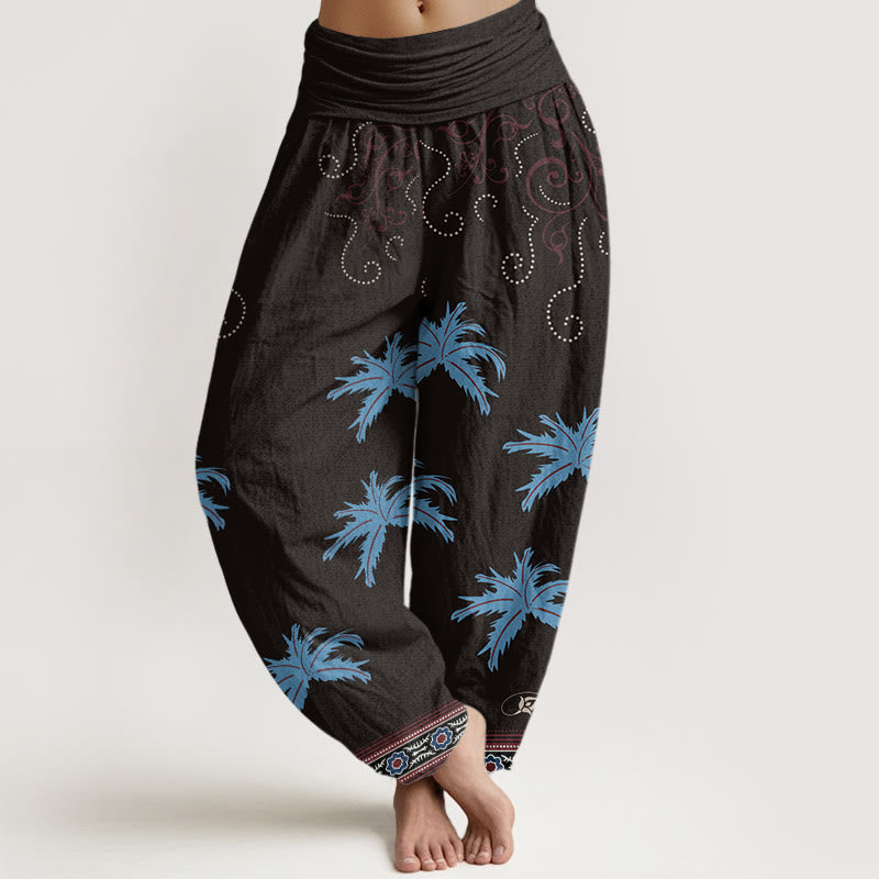 Buddha Stones Lässige Haremshose mit Blumenmuster und tropischem Palmenmuster für Damen, elastische Taille - Schwarz - US22， UK/AU26，EU54 (6XL) - image 1