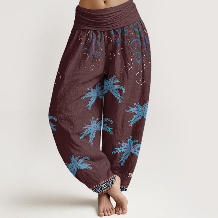 Buddha Stones Lässige Haremshose mit Blumenmuster und tropischem Palmenmuster für Damen, elastische Taille - Dunkelrot - US22， UK/AU26，EU54 (6XL) - image 5