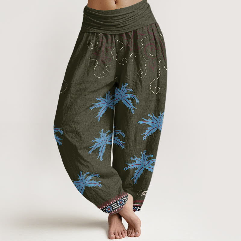 Buddha Stones Lässige Haremshose mit Blumenmuster und tropischem Palmenmuster für Damen, elastische Taille - DunkelOlivGrün - US22， UK/AU26，EU54 (6XL) - image 8