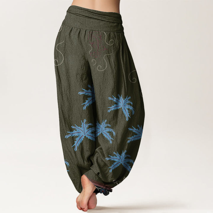 Buddha Stones Lässige Haremshose mit Blumenmuster und tropischem Palmenmuster für Damen, elastische Taille - image 9