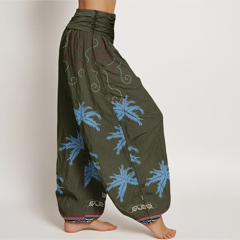 Buddha Stones Lässige Haremshose mit Blumenmuster und tropischem Palmenmuster für Damen, elastische Taille - image 10