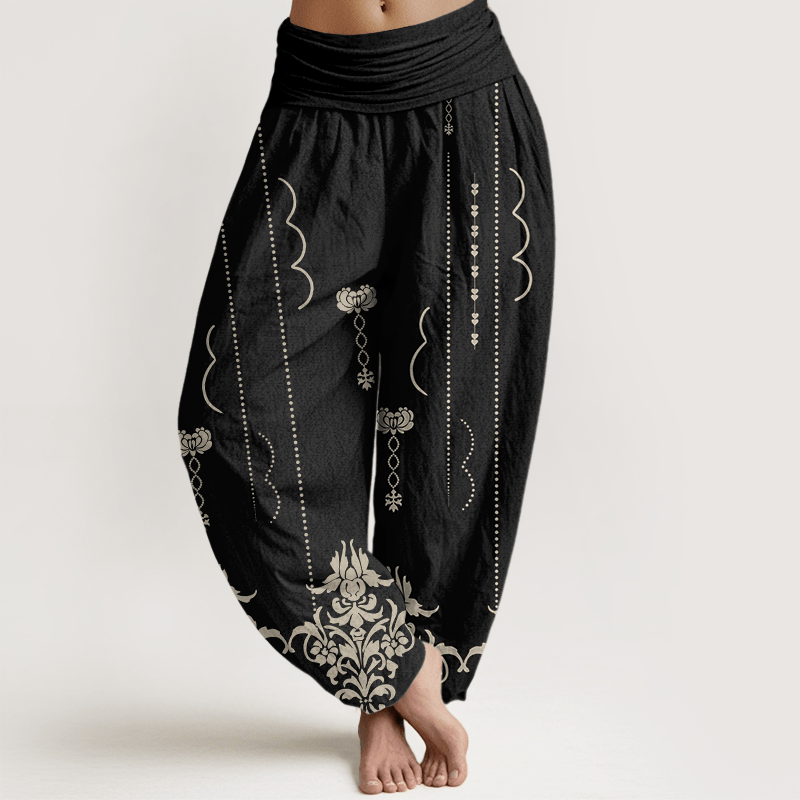 Buddha Stones Lässige Haremshose im Barockstil mit Blumen- und Palmenmuster für Damen mit elastischer Taille - Schwarz - US22, UK/AU26,EU54 (6XL) - image 1