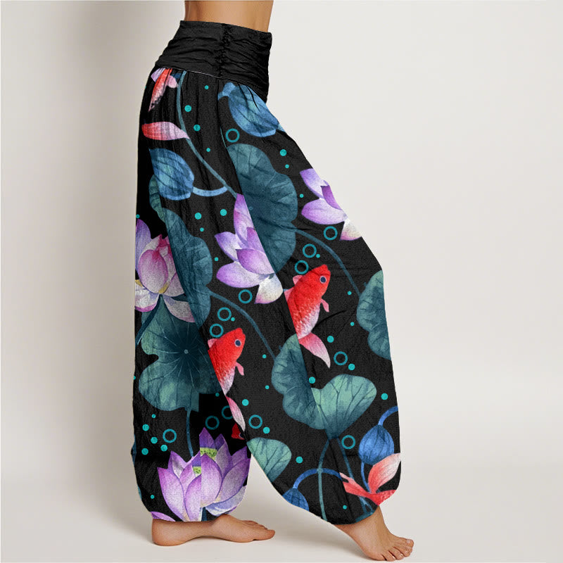 Buddha Stones Lässige Sommer-Haremshose mit Lotus-Schote und Koi-Muster für Damen, elastische Taille - image 2