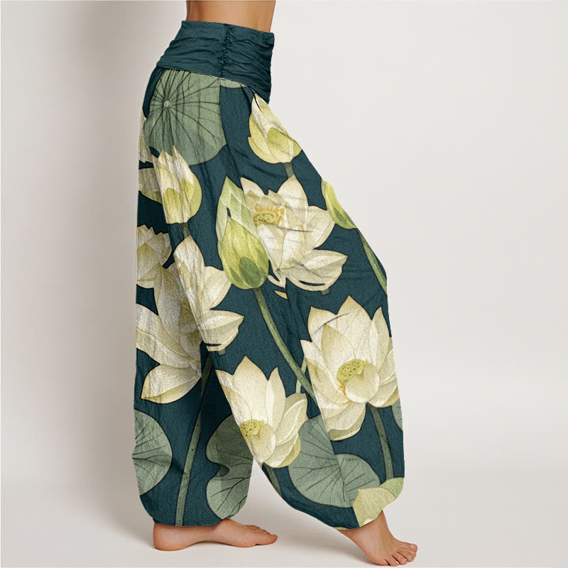 Lässige Haremshose mit Buddha Stones und Lotusblumen-Schotenmuster für Damen, elastische Taille