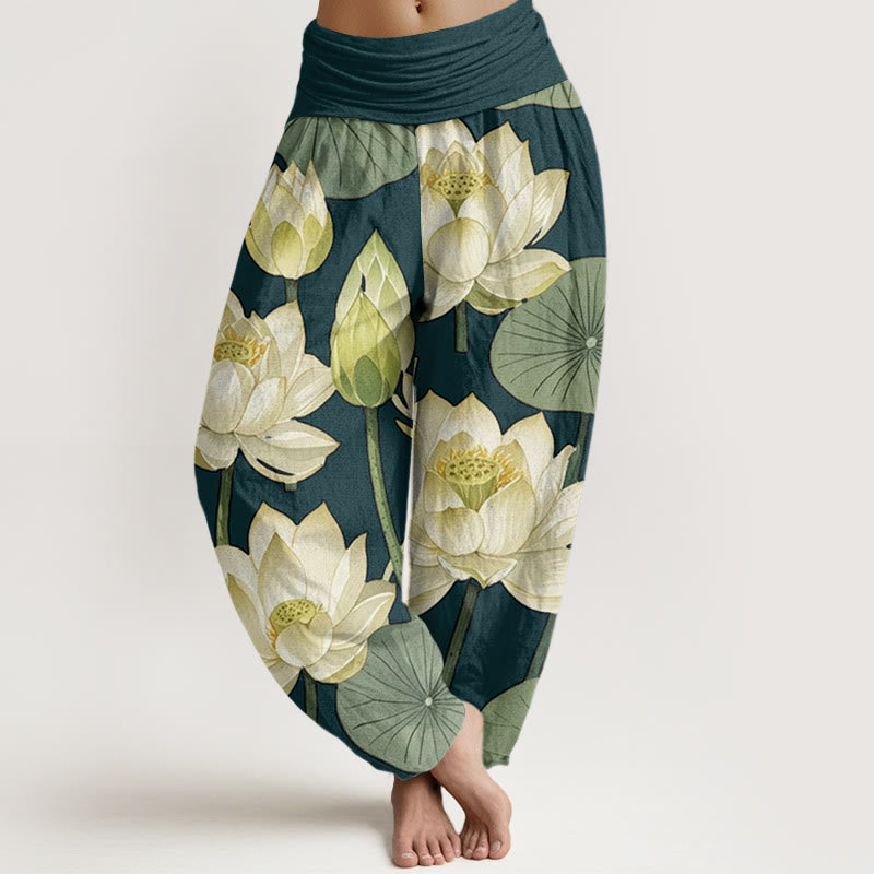 Lässige Haremshose mit Buddha Stones und Lotusblumen-Schotenmuster für Damen, elastische Taille - Dunkelgrün - US22， UK/AU26，EU54 (6XL) - image 1