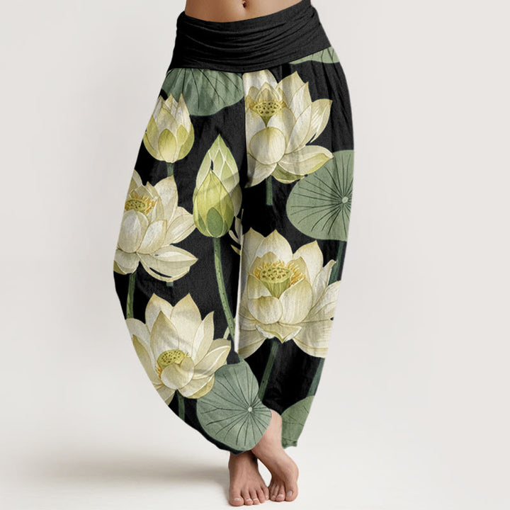 Lässige Haremshose mit Buddha Stones und Lotusblumen-Schotenmuster für Damen, elastische Taille