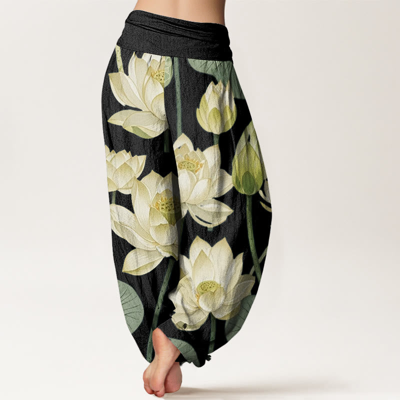 Lässige Haremshose mit Buddha Stones und Lotusblumen-Schotenmuster für Damen, elastische Taille