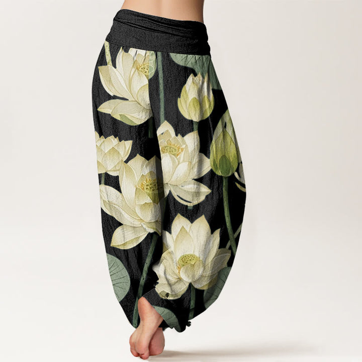 Lässige Haremshose mit Buddha Stones und Lotusblumen-Schotenmuster für Damen, elastische Taille