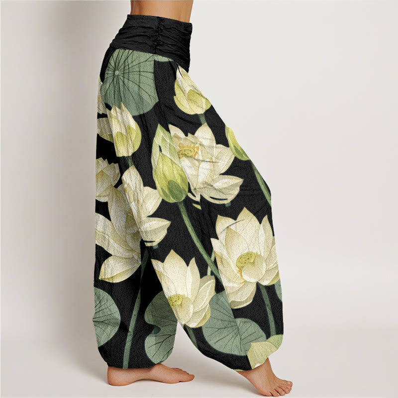 Lässige Haremshose mit Buddha Stones und Lotusblumen-Schotenmuster für Damen, elastische Taille