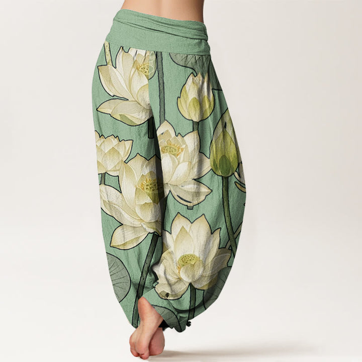 Lässige Haremshose mit Buddha Stones und Lotusblumen-Schotenmuster für Damen, elastische Taille