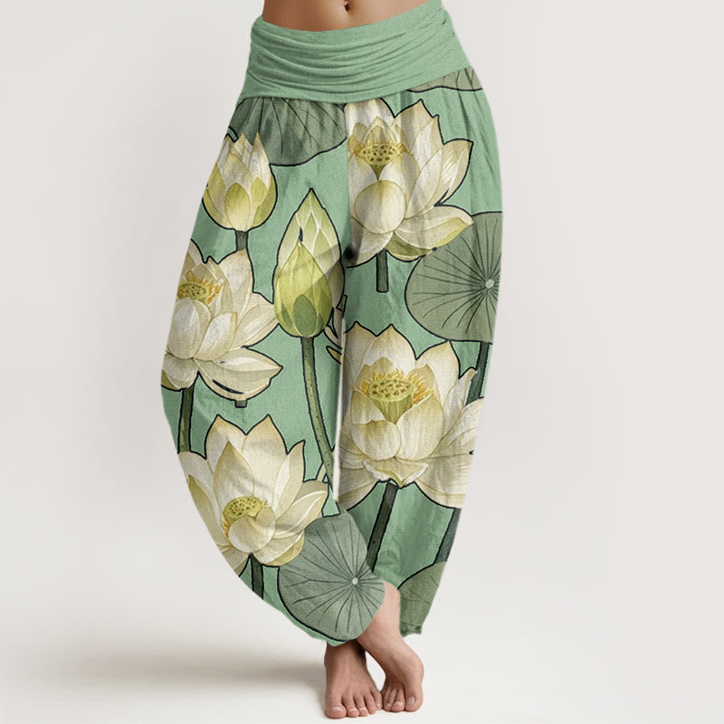 Lässige Haremshose mit Buddha Stones und Lotusblumen-Schotenmuster für Damen, elastische Taille