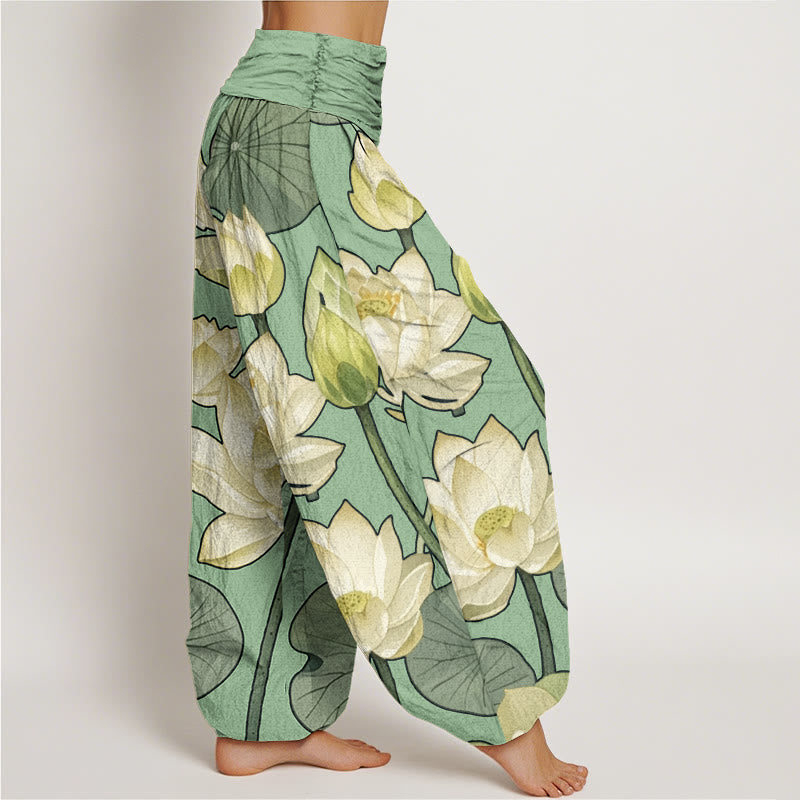 Lässige Haremshose mit Buddha Stones und Lotusblumen-Schotenmuster für Damen, elastische Taille