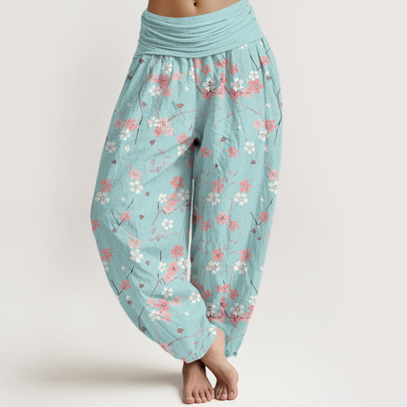 Buddha Stones Lässige Haremshose mit Kirschblütenblättern und Zweigen-Muster für Damen, elastische Taille - Blasstürkis - US22, UK/AU26,EU54 (6XL) - image 6