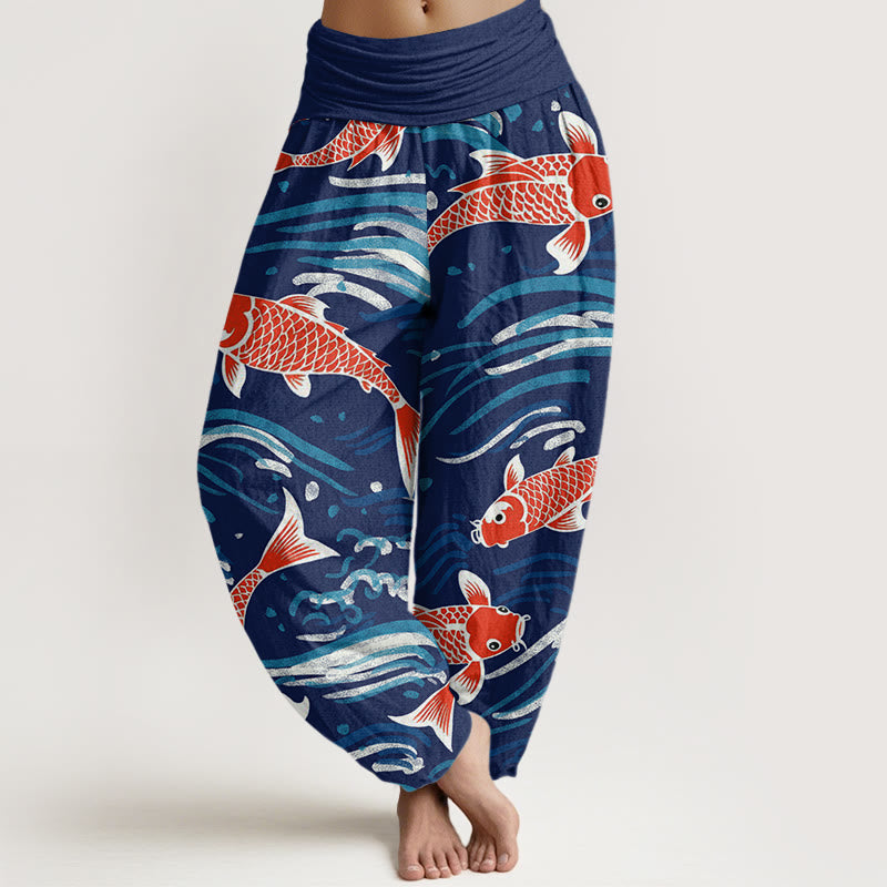 Buddha Stones Lässige Haremshose mit Wellen-Koi-Muster für Damen, elastische Taille - Marine - US22， UK/AU26，EU54 (6XL) - image 1