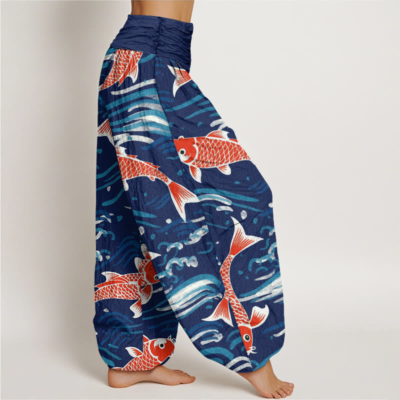 Buddha Stones Lässige Haremshose mit Wellen-Koi-Muster für Damen, elastische Taille - image 2