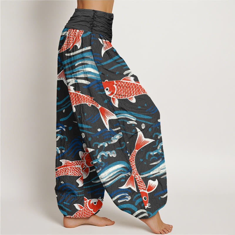 Buddha Stones Lässige Haremshose mit Wellen-Koi-Muster für Damen, elastische Taille - image 6