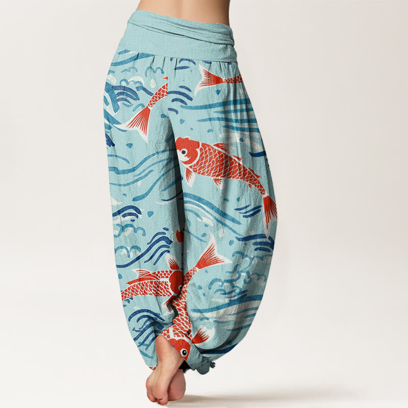 Buddha Stones Lässige Haremshose mit Wellen-Koi-Muster für Damen, elastische Taille - image 10