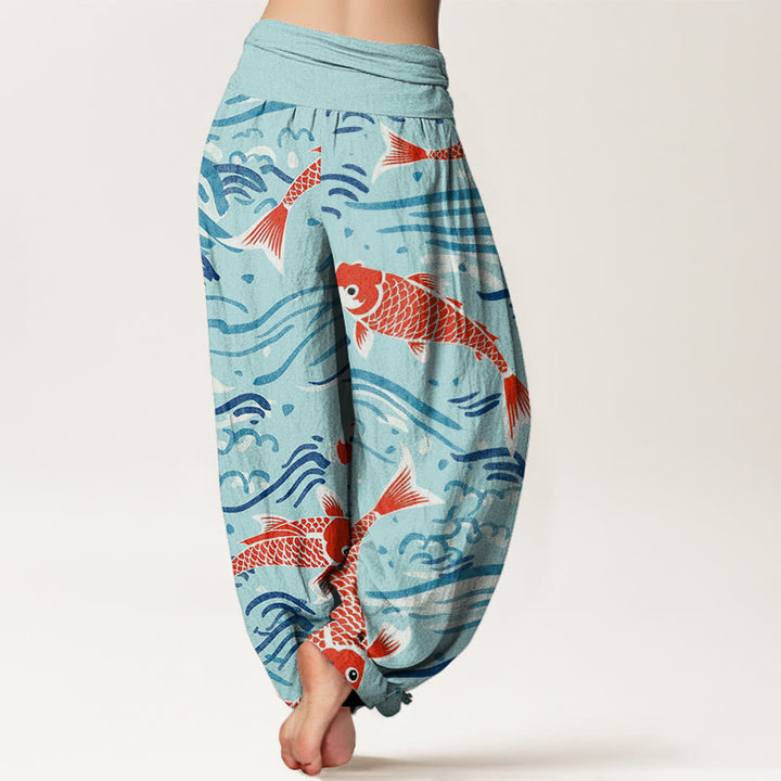 Buddha Stones Lässige Haremshose mit Wellen-Koi-Muster für Damen, elastische Taille - image 10