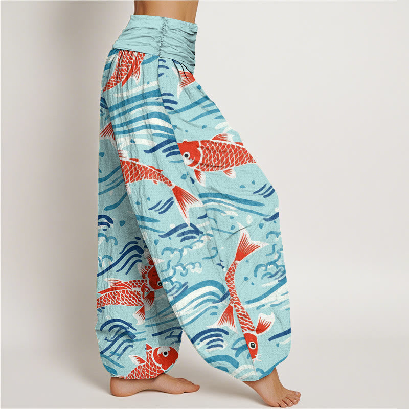 Buddha Stones Lässige Haremshose mit Wellen-Koi-Muster für Damen, elastische Taille - image 9