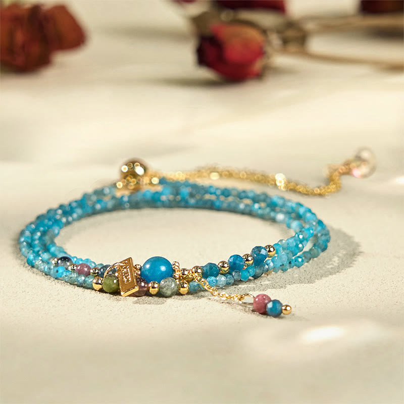 Buddha-Stein, 3 mm, natürlicher Apatit, ultradünne Perlen, 14 Karat vergoldetes Kupfer, Kreativität, dreifach gewickeltes Armband