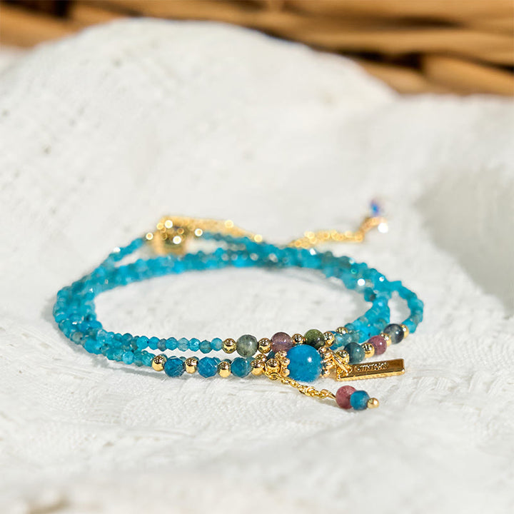 Buddha-Stein, 3 mm, natürlicher Apatit, ultradünne Perlen, 14 Karat vergoldetes Kupfer, Kreativität, dreifach gewickeltes Armband