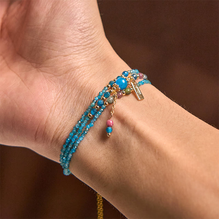Buddha-Stein, 3 mm, natürlicher Apatit, ultradünne Perlen, 14 Karat vergoldetes Kupfer, Kreativität, dreifach gewickeltes Armband