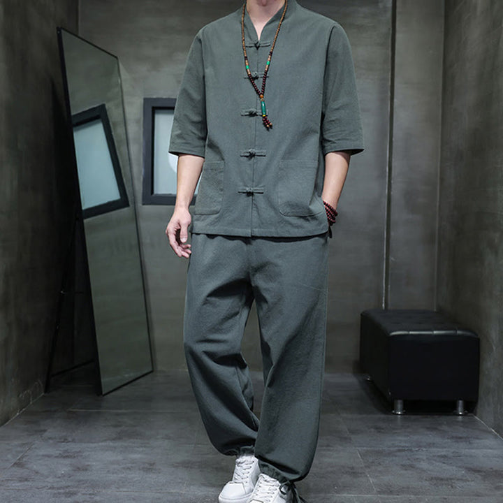 Buddha Stones 2-teiliger Tang-Anzug mit Froschknopf-Design, Hemdhose mit Taschen, Herren-Meditationstuch-Set aus Baumwolle und Leinen - image 4