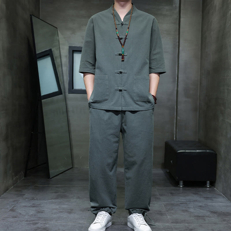 Buddha Stones 2-teiliger Tang-Anzug mit Froschknopf-Design, Hemdhose mit Taschen, Herren-Meditationstuch-Set aus Baumwolle und Leinen - image 5