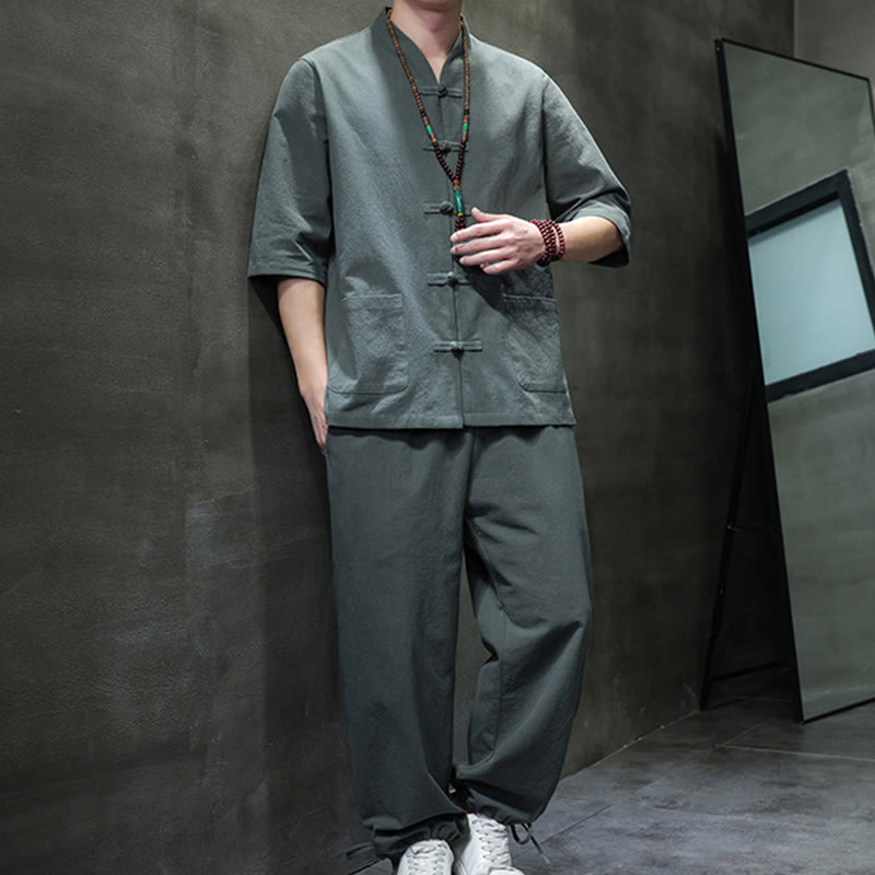 Buddha Stones 2-teiliger Tang-Anzug mit Froschknopf-Design, Hemdhose mit Taschen, Herren-Meditationstuch-Set aus Baumwolle und Leinen - image 3