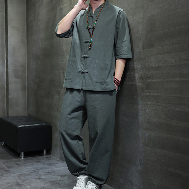 Buddha Stones 2-teiliger Tang-Anzug mit Froschknopf-Design, Hemdhose mit Taschen, Herren-Meditationstuch-Set aus Baumwolle und Leinen - image 1