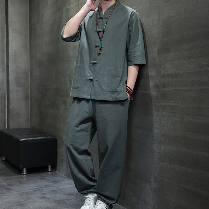 Buddha Stones 2-teiliger Tang-Anzug mit Froschknopf-Design, Hemdhose mit Taschen, Herren-Meditationstuch-Set aus Baumwolle und Leinen - image 1