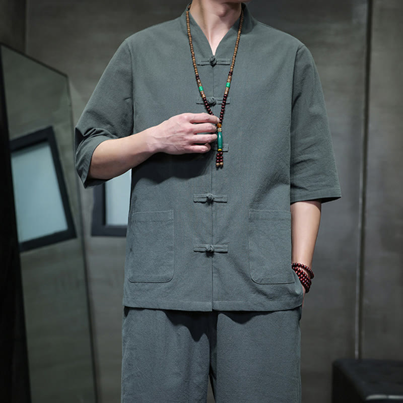 Buddha Stones 2-teiliger Tang-Anzug mit Froschknopf-Design, Hemdhose mit Taschen, Herren-Meditationstuch-Set aus Baumwolle und Leinen