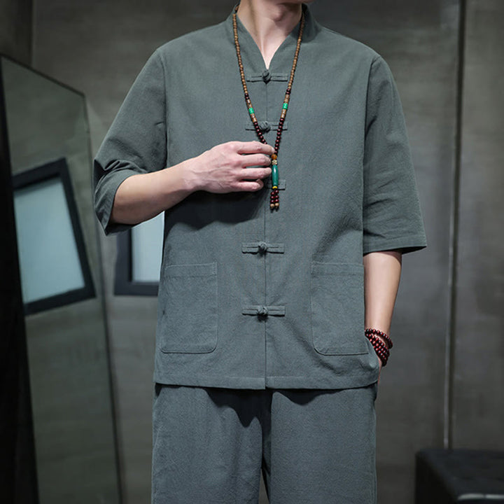 Buddha Stones 2-teiliger Tang-Anzug mit Froschknopf-Design, Hemdhose mit Taschen, Herren-Meditationstuch-Set aus Baumwolle und Leinen