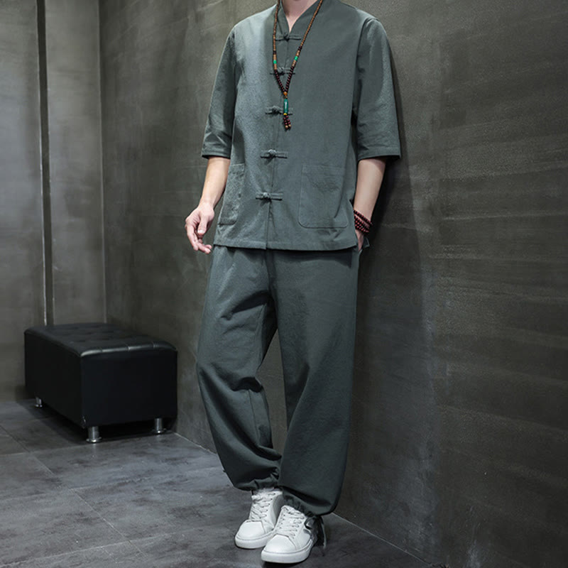 Buddha Stones 2-teiliger Tang-Anzug mit Froschknopf-Design, Hemdhose mit Taschen, Herren-Meditationstuch-Set aus Baumwolle und Leinen - image 6